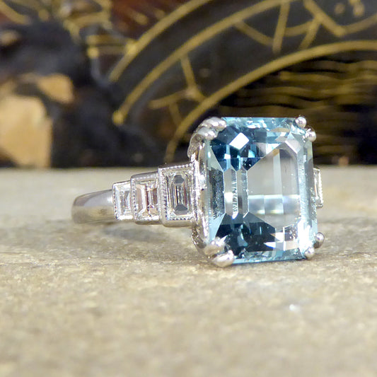 Art Deco Inspired 3.30ct Aquamarine and Diamond Staged Ring in Platinum - Wharfedale Antiques