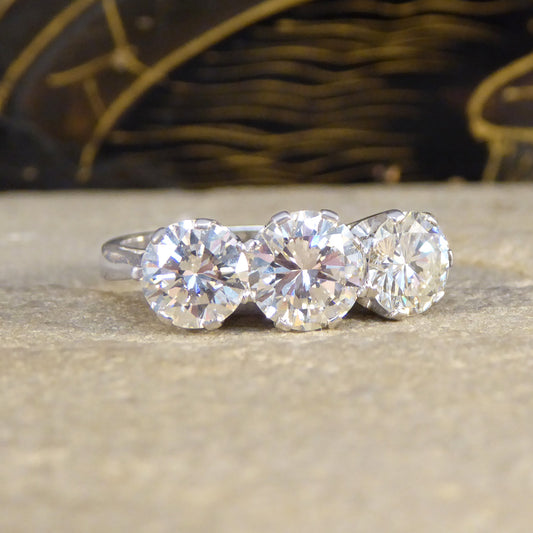Vintage 3.20ct Brilliant Cut Diamond Three Stone Trilogy Ring in 18ct White Gold - Wharfedale Antiques