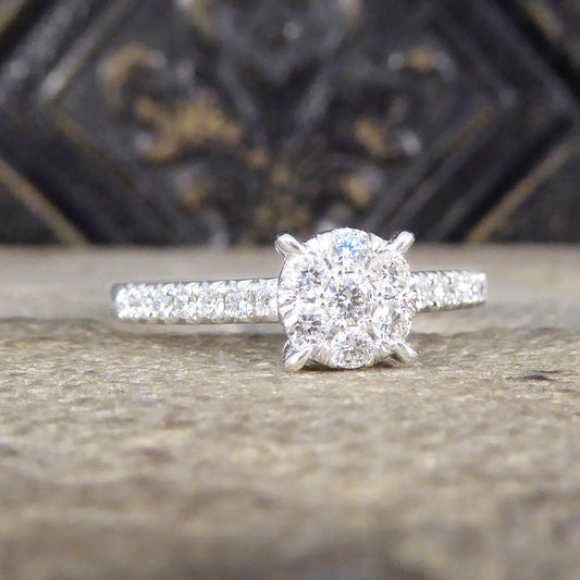 Solitaire Illusion set Diamond Cluster Ring in White Gold with Diamond Shoulders - Wharfedale Antiques