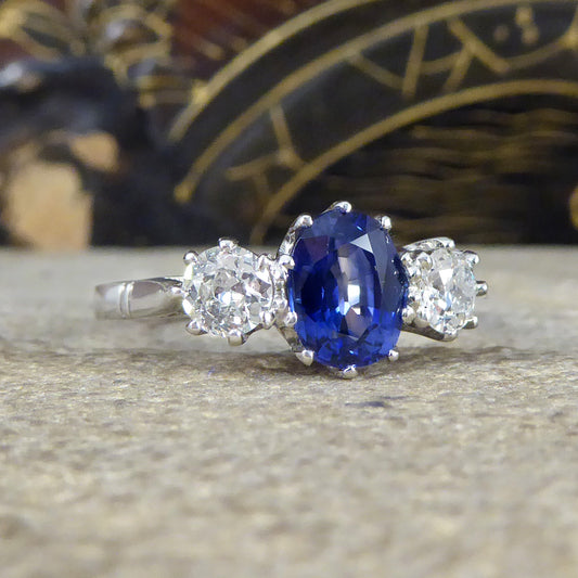 1.50ct Sapphire and 0.55ct Diamond Three Stone Ring in Platinum - Wharfedale Antiques