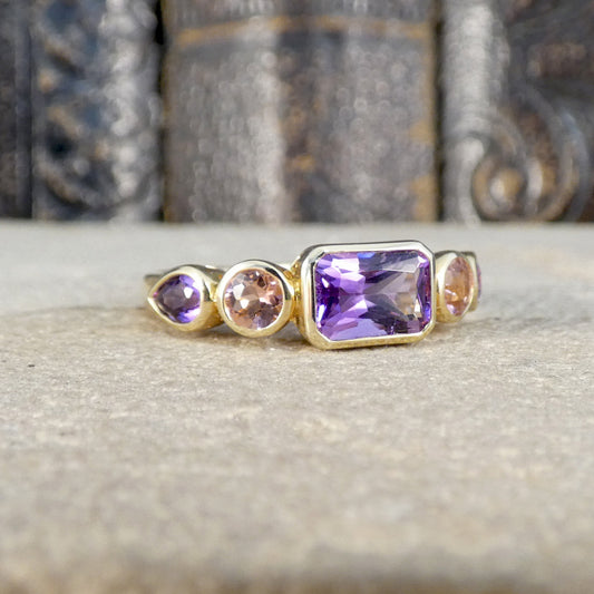 Amethyst and Pink Tourmaline Five Stone Ring in Yellow Gold in full bezel settings with great colour.