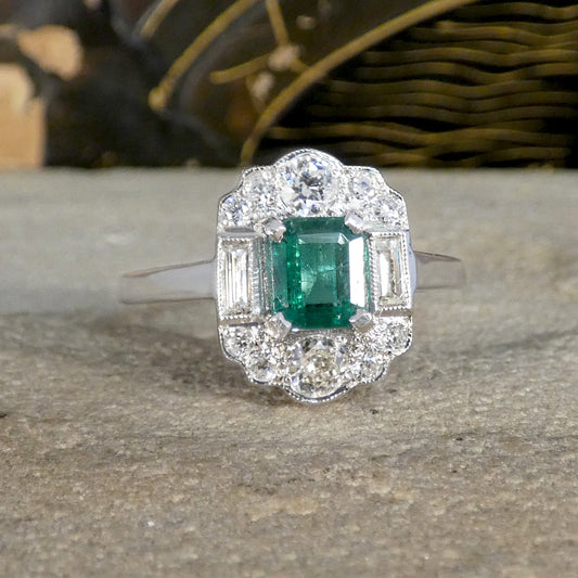 Art Deco Style Emerald and Diamond Cluster ring