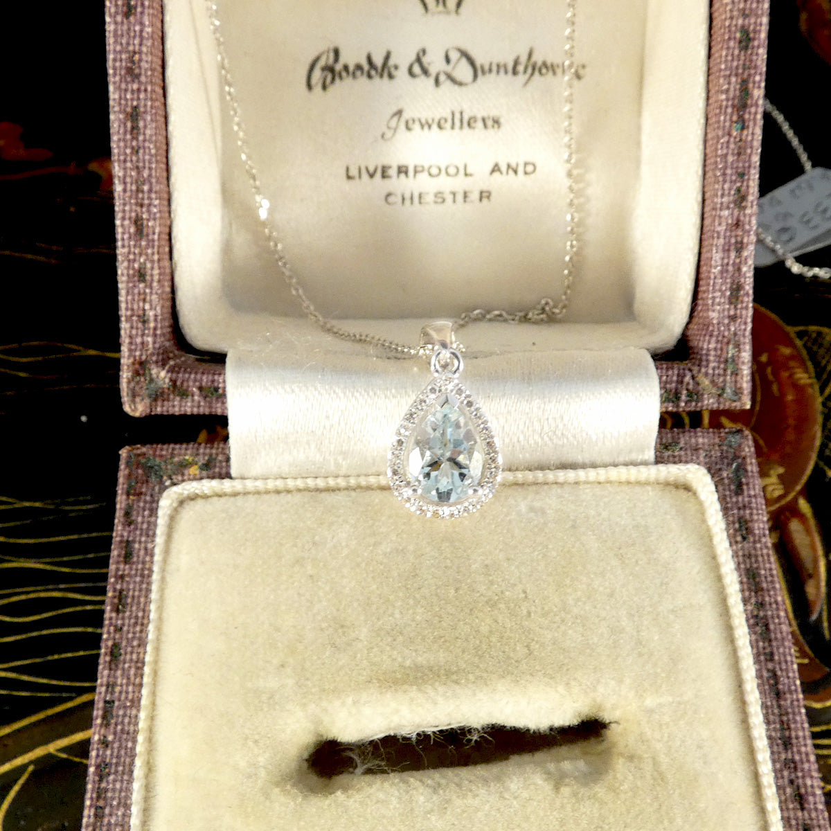 Diamond and Pear Cut Aquamarine Cluster Pendant Necklace in White Gold - Wharfedale Antiques