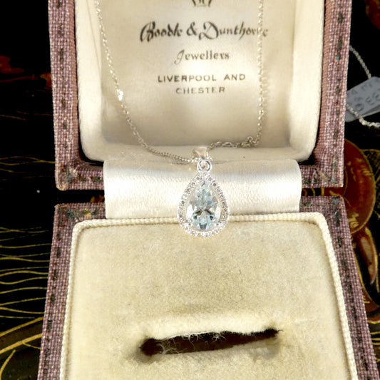 Diamond and Pear Cut Aquamarine Cluster Pendant Necklace in White Gold - Wharfedale Antiques
