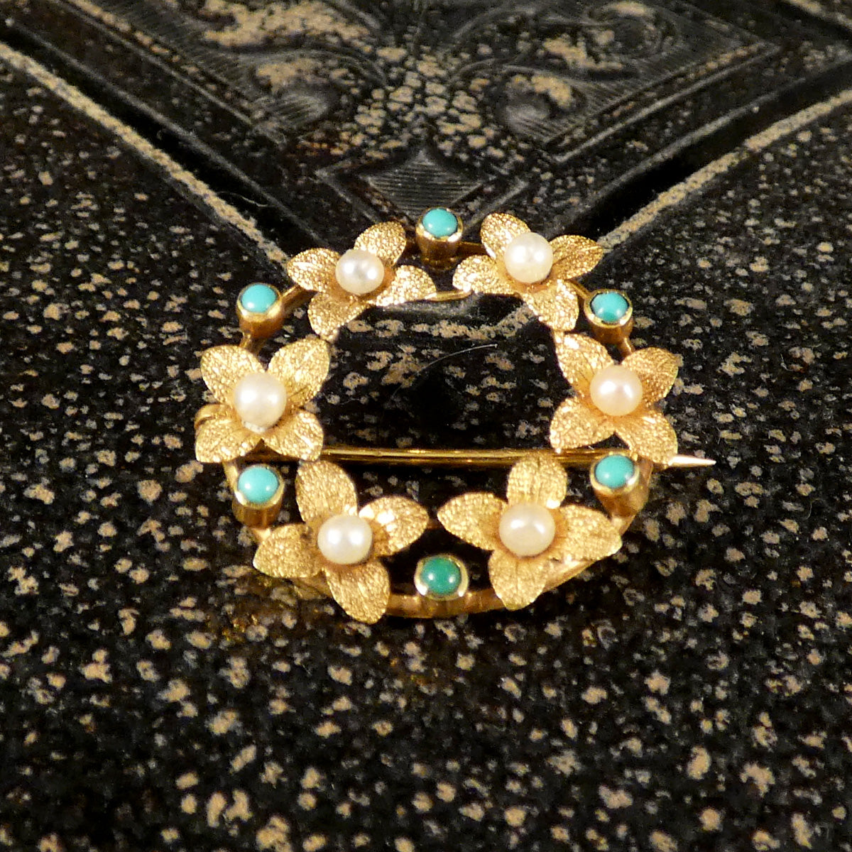 Edwardian Seed Pearl and Turquoise Wreath Brooch in 15ct Yellow Gold