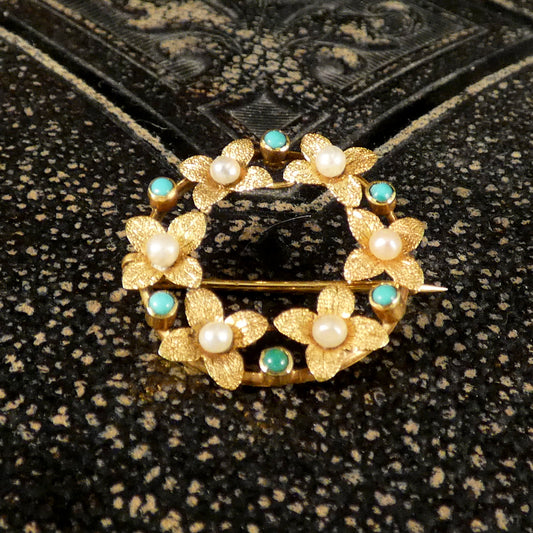 Edwardian Seed Pearl and Turquoise Wreath Brooch in 15ct Yellow Gold