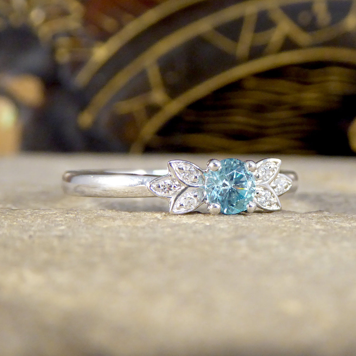 Blue Zircon and Diamond set Butterfly Ring in Platinum