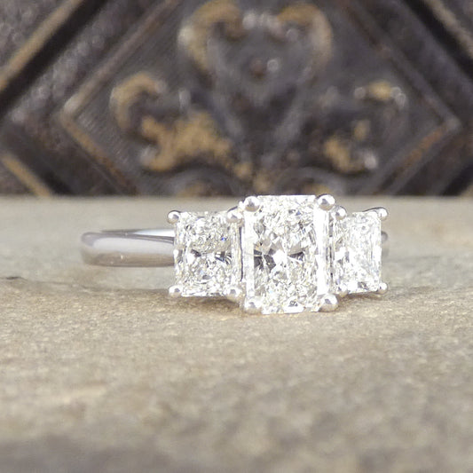 1.43ct Radiant Cut Diamond GIA Cert F/VS Three Stone Ring in Platinum - Wharfedale Antiques