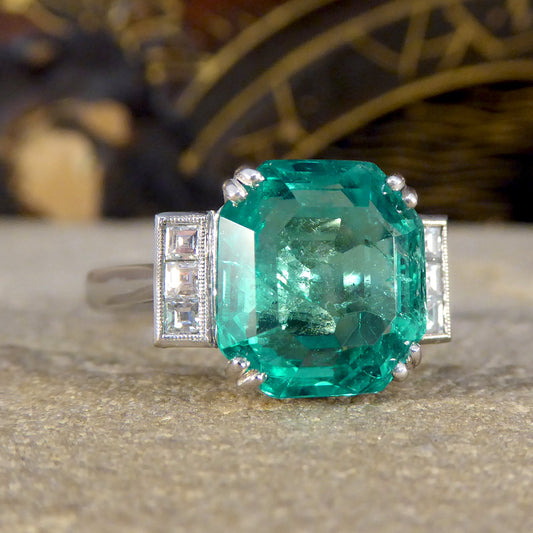Bright 6.19ct Octagonal Cut Columbian Emerald and Diamond Ring in Platinum with Gem Cert - Wharfedale Antiques