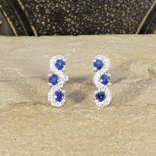 Ceylon Sapphire and Diamond Three Stone Lazy River Earrings in Platinum - Wharfedale Antiques