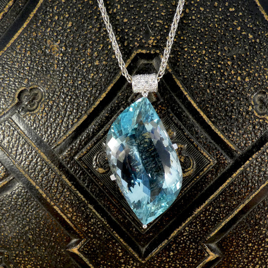 Tremendous Over 70ct Aquamarine Leaf Pendant with Diamond Bail in 18ct White Gold - Wharfedale Antiques