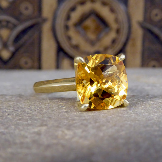 Cushion Citrene Solitaire Ring in Yellow Gold - Wharfedale Antiques