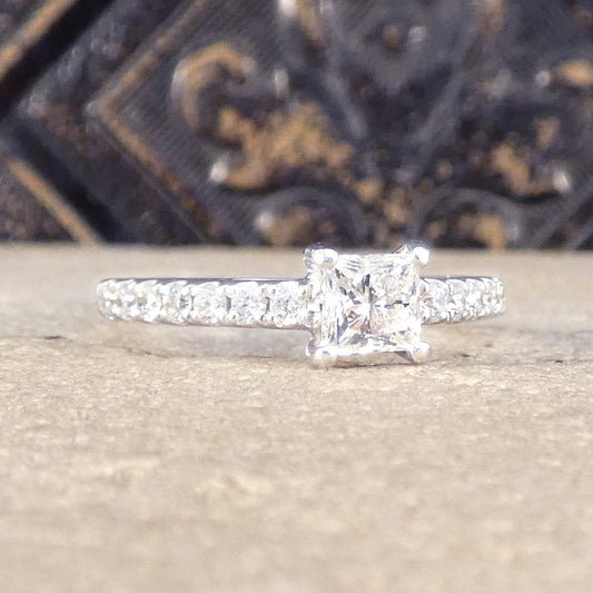 Princess Cut Diamond Solitaire Engagement Ring with Diamond Set Shoulders in Platinum - Wharfedale Antiques