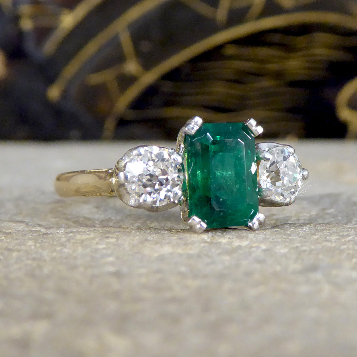 Edwardian Emerald and Diamond Trilogy Three Stone Ring in 18ct Yellow Gold and Platinum