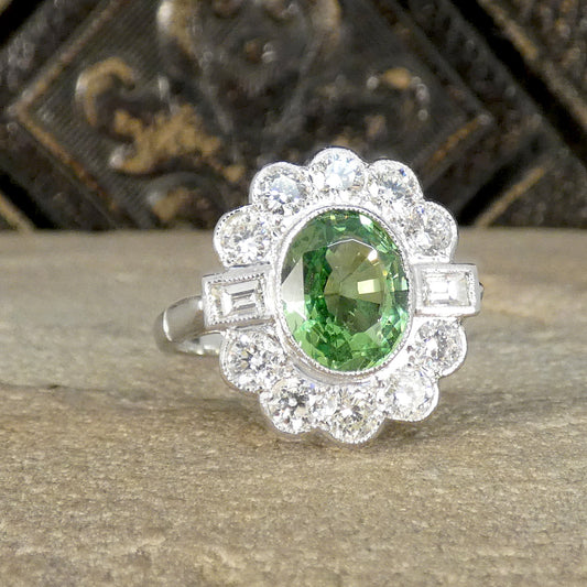 Edwardian Style 2.51ct Green Garnet and 1.20ct Diamond Cluster Ring in Platinum - Wharfedale Antiques