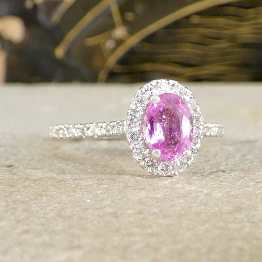Pink Sapphire and Diamond Cluster Wedfit Ring with Diamond Shoulders in Platinum