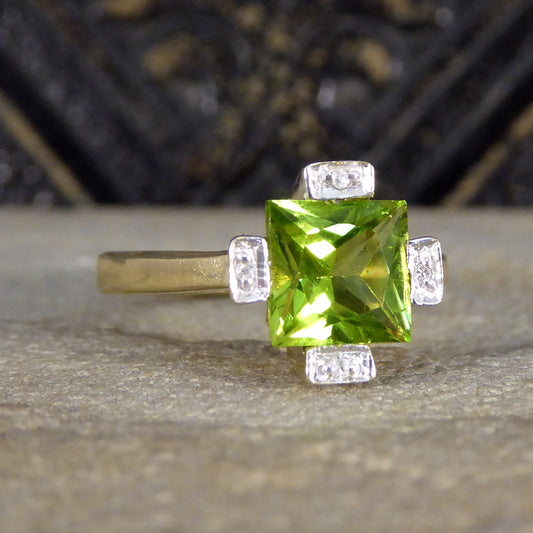 Vintage Peridot and Diamond Geometric Ring in Yellow Gold - Wharfedale Antiques