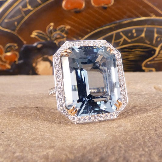 Large Aquamarine and Diamond Halo Ring with Diamond set Shoulders in Platinum - Wharfedale Antiques