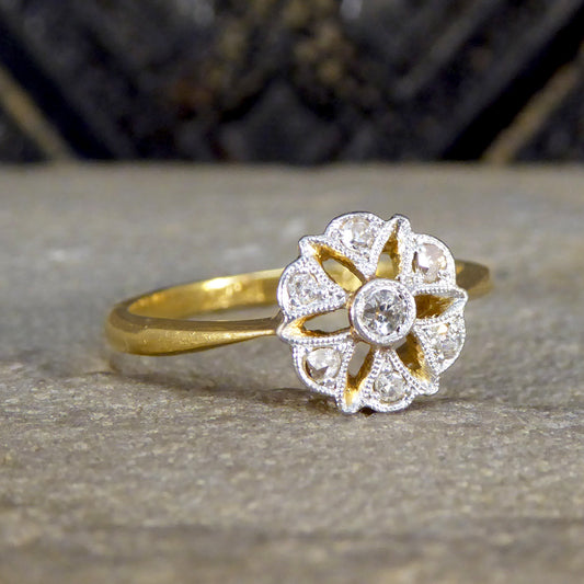 Edwardian Diamond Set Floral Ring in 18ct Yellow Gold and Platinum - Wharfedale Antiques