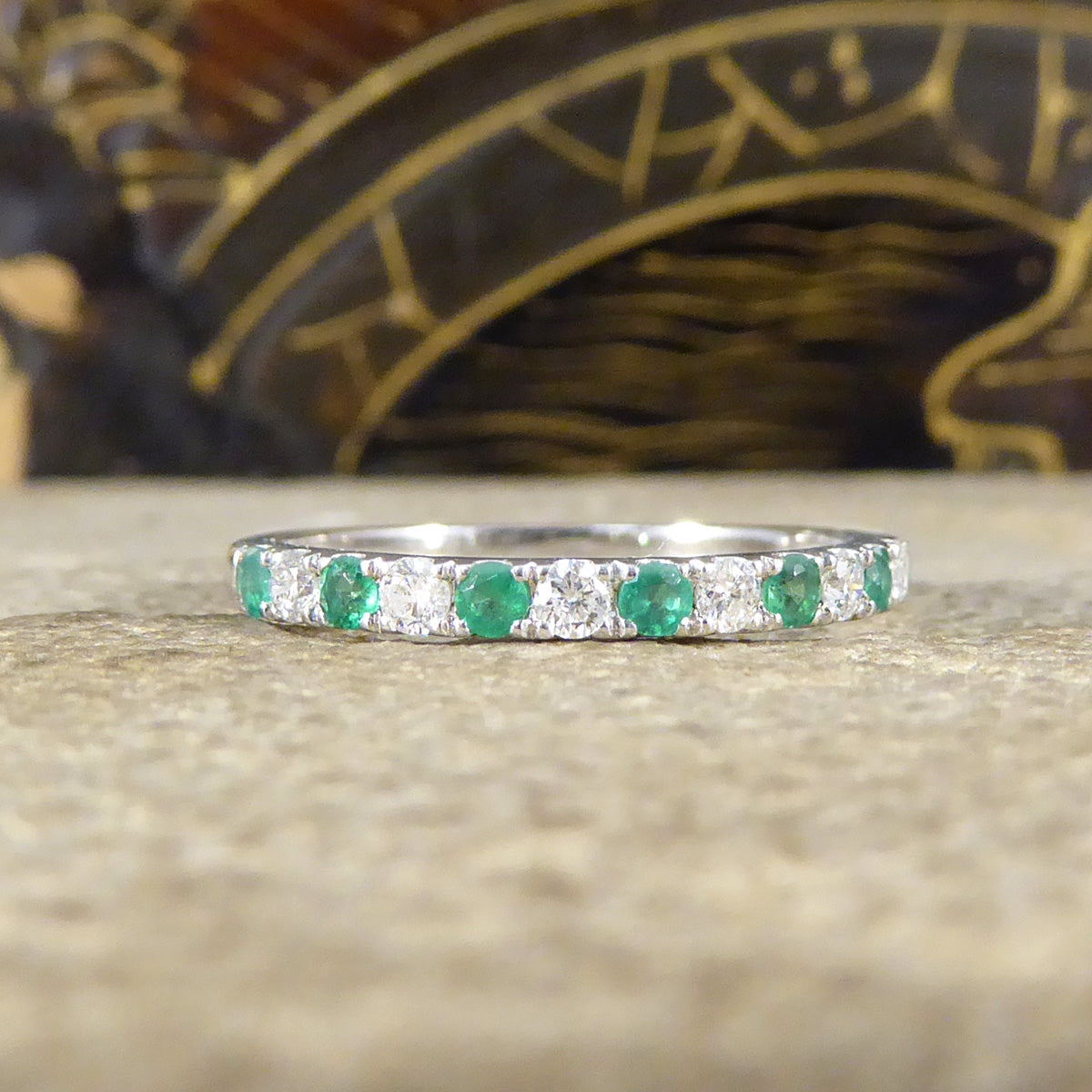 Emerald and Diamond Half Eternity Ring in White Gold - Wharfedale Antiques
