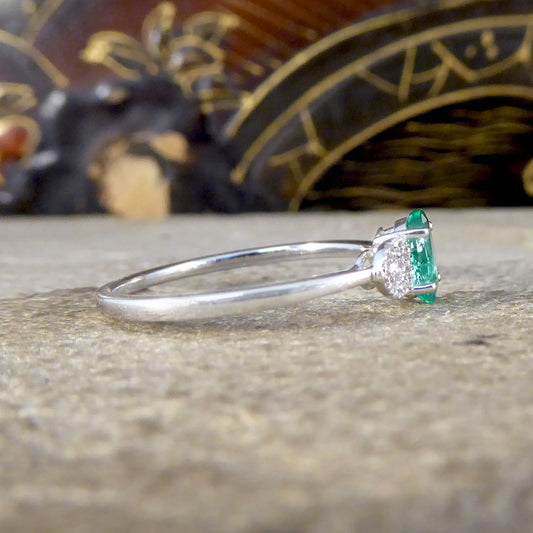 Emerald and Diamond Illusion Three Stone Ring in 18ct White Gold - Wharfedale Antiques
