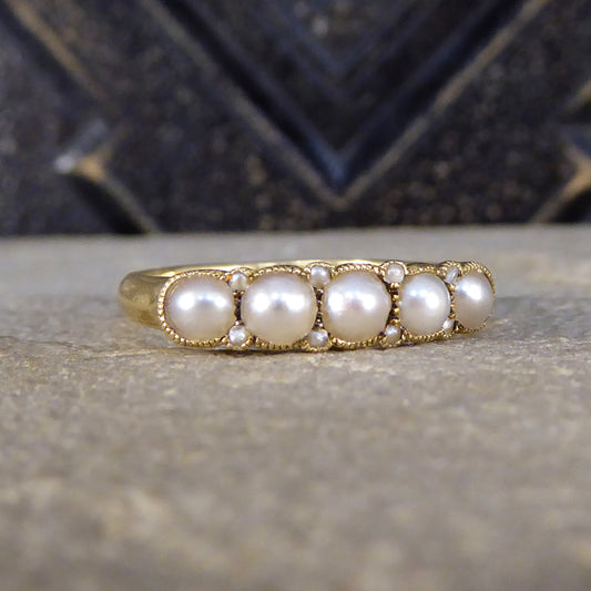 Antique Pearl Five Stone Ring in 18ct Yellow Gold C1913 - Wharfedale Antiques