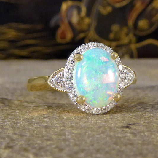 Modern Opal and Diamond Cluster Ring in 18ct Yellow Gold - Wharfedale Antiques