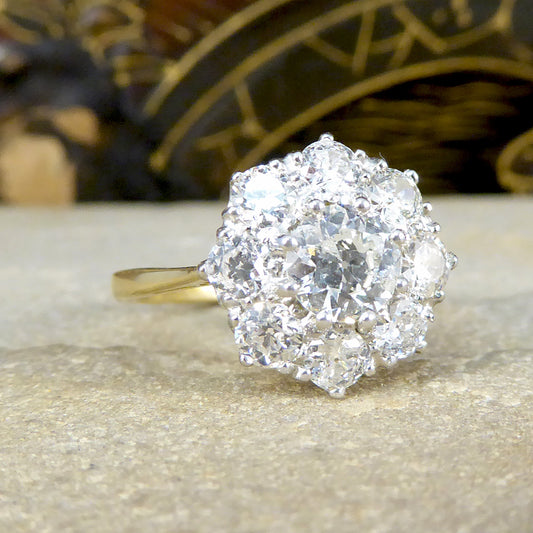 Edwardian Style 1.85ct Old Cut Diamond Daisy Cluster Ring in 18ct Yellow Gold - Wharfedale Antiques