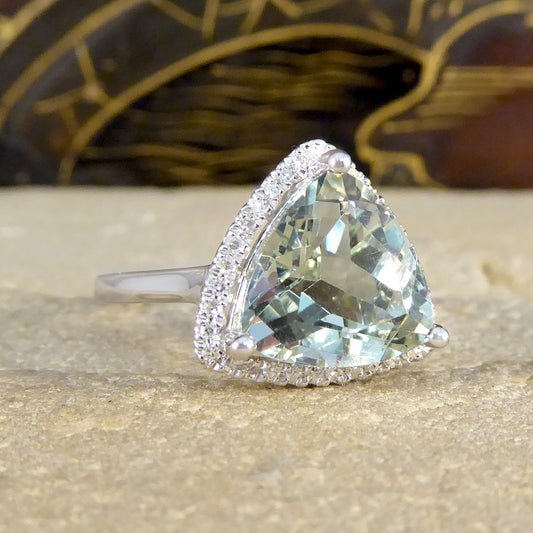 Majestic Trillion Cut Green Amethyst and Diamond Halo Dress Ring in White Gold - Wharfedale Antiques