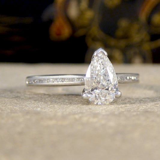 GIA Cert Pear Cut Diamond Engagement Ring with Diamond Shoulder in Platinum - Wharfedale Antiques