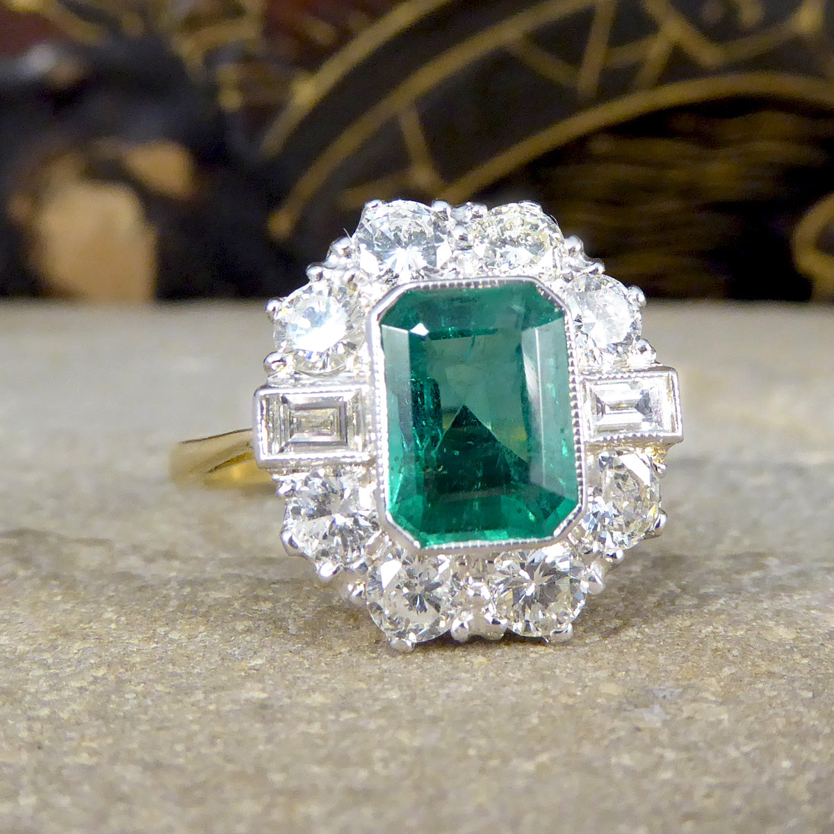Edwardian Style 1.30ct Emerald and 1.20ct Diamond Cluster Ring in 18ct Gold - Wharfedale Antiques