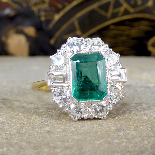 Edwardian Style 1.30ct Emerald and 1.20ct Diamond Cluster Ring in 18ct Gold - Wharfedale Antiques