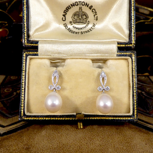 Fresh Water Cultured Pearl and Diamond Drop Earrings in 18ct White Gold - Wharfedale Antiques