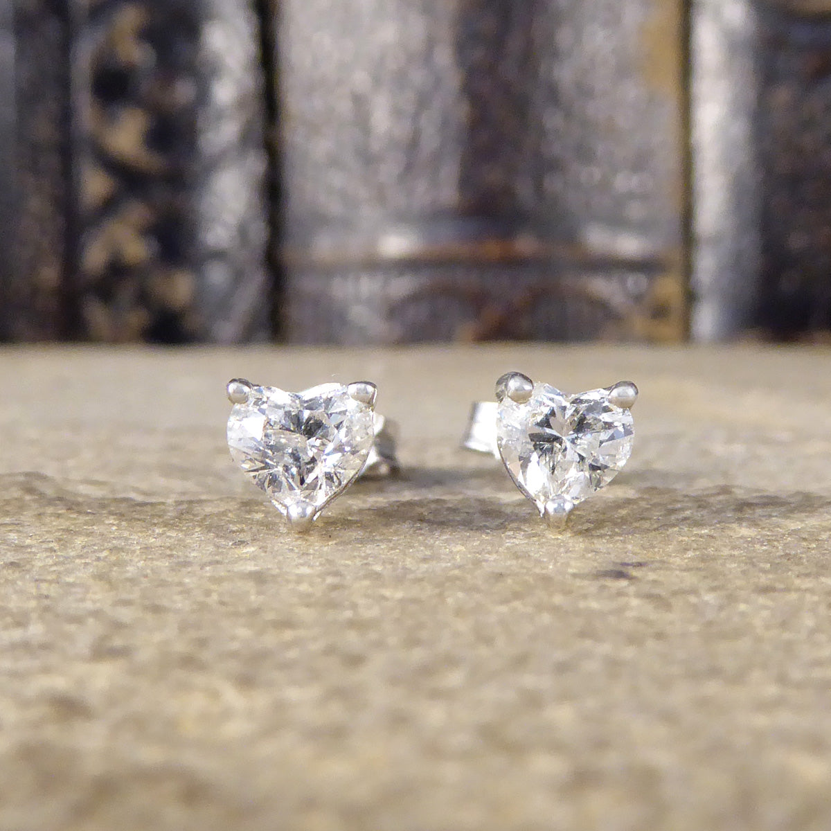 Heart Cut Diamond Earrings 0.81ct Total in Platinum Claw Set Studs - Wharfedale Antiques