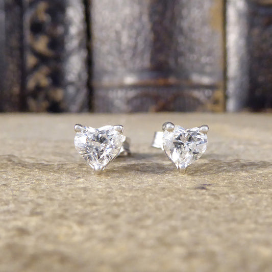 Heart Cut Diamond Earrings 0.81ct Total in Platinum Claw Set Studs - Wharfedale Antiques