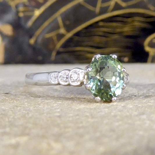 Enchanting Green Tourmaline Ring with Diamond Shoulders in 18ct White Gold - Wharfedale Antiques