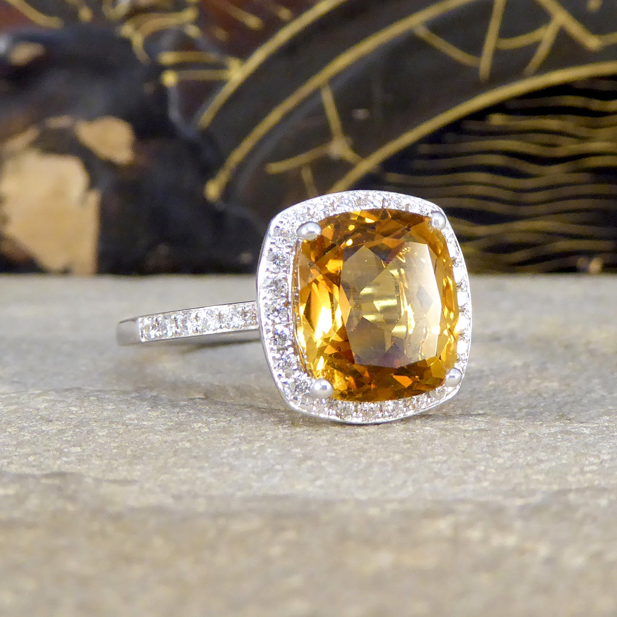 Firey 3.80ct Cushioned Citrene and Diamond Cluster Ring with Diamond Shoulders in 18ct White Gold - Wharfedale Antiques