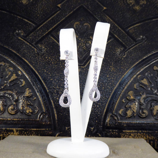 Diamond Set Pear Detailed Drop Earrings in White Gold - Wharfedale Antiques