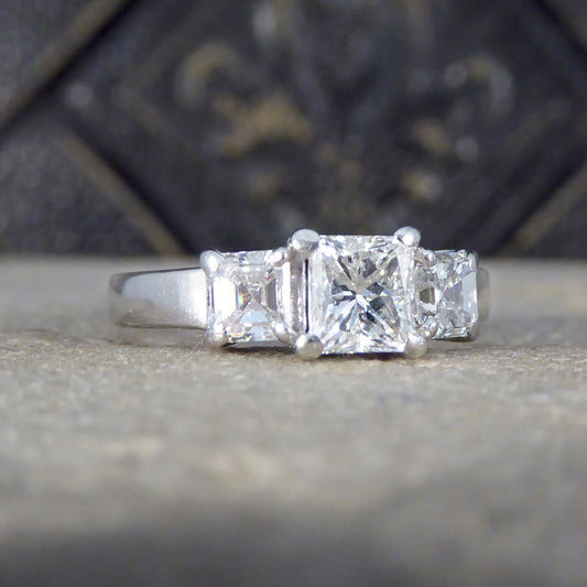 1.47ct Princess Cut and Asscher Cut Diamond Three Stone Ring in Platinum - Wharfedale Antiques