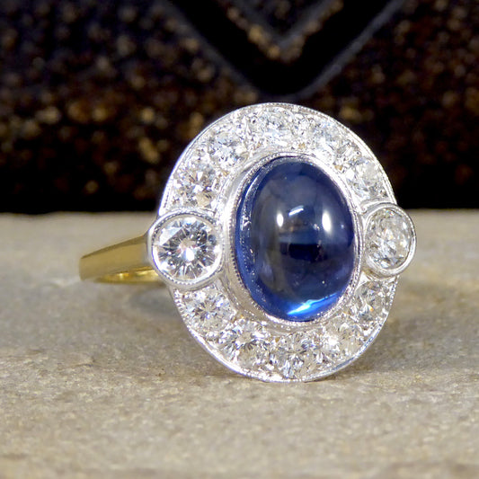 Cabochon Cut Sapphire and Diamond Cluster Ring in 18ct Gold - Wharfedale Antiques