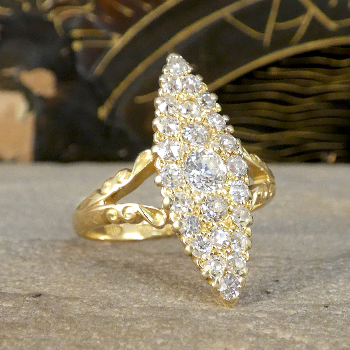 C1900 Antique Diamond Navette Marquise Cluster Ring in 18ct Yellow Gold - Wharfedale Antiques