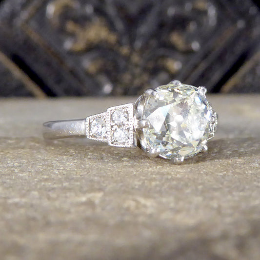 1.70ct Old European Cushion Cut Diamond Solitaire with Diamond Shoulders in Platinum - Wharfedale Antiques