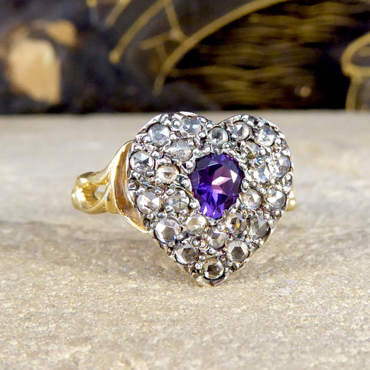 Early Victorian Style Amethyst and Rose Cut Diamond Heart Ring in 18ct Gold - Wharfedale Antiques