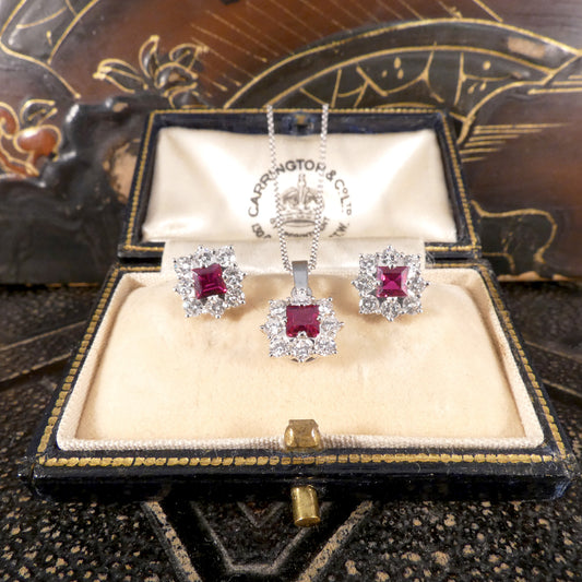 Vintage Ruby and Diamond Cluster Earrings and Necklace Set in 18ct White Gold - Wharfedale Antiques