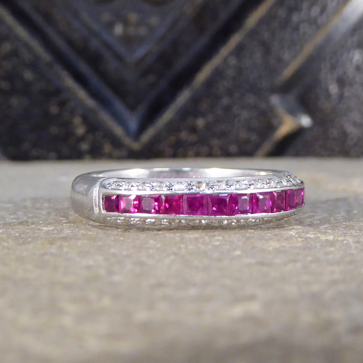 Ruby and Diamond Half Eternity Domed Ring in 18ct White Gold - Wharfedale Antiques