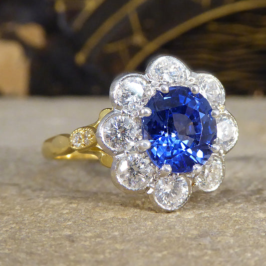 Edwardian Inspired 2.24ct Sapphire and Diamond Cluster Ring in 18ct Gold - Wharfedale Antiques