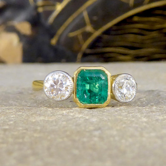 Emerald and Diamond Bezel Set Three Stone Ring in 18ct Yellow Gold and Platinum - Wharfedale Antiques