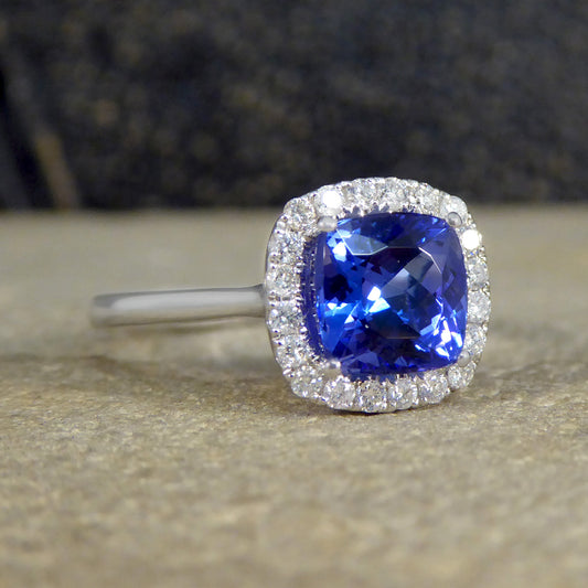 Cushion Cut Tanzanite and Diamond Cluster Ring in White Gold - Wharfedale Antiques