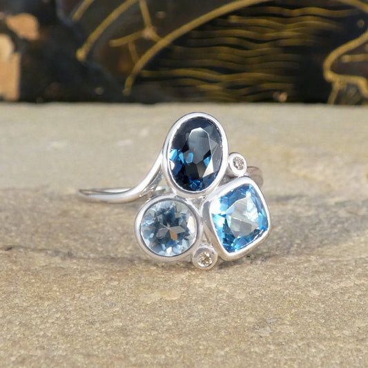 Trio of Blue Topaz and Diamond Cocktail Ring in White Gold - Wharfedale Antiques