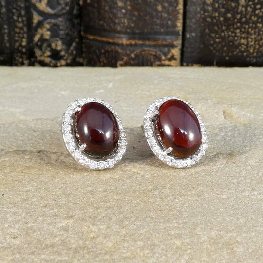 Cabochon Garnet and Diamond Halo Stud Earrings in 18ct White Gold - Wharfedale Antiques